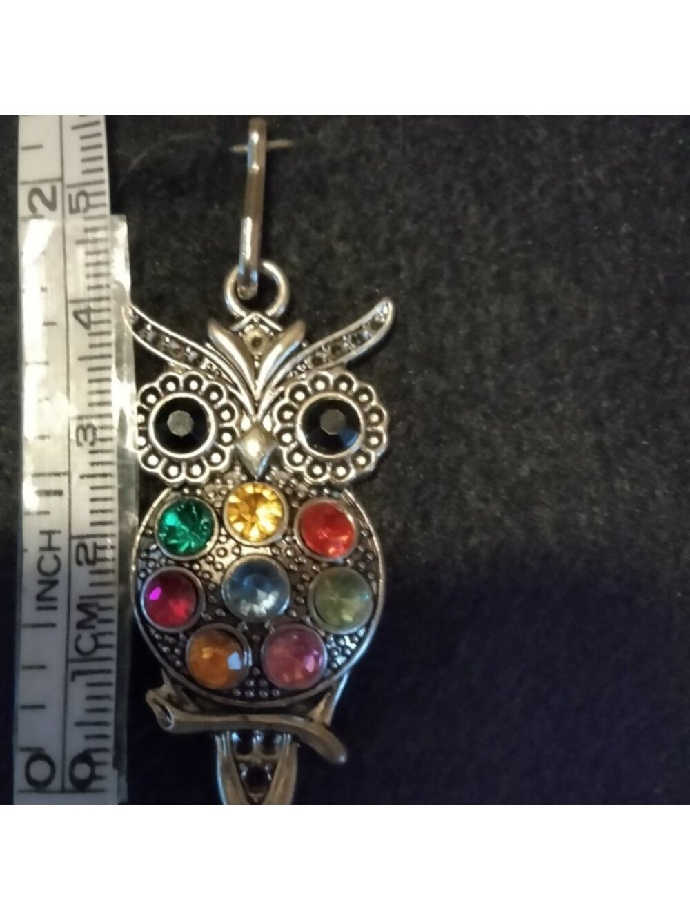 Colorful Owl Pendant Rhinestones Silver Tone - Picture 2 of 4